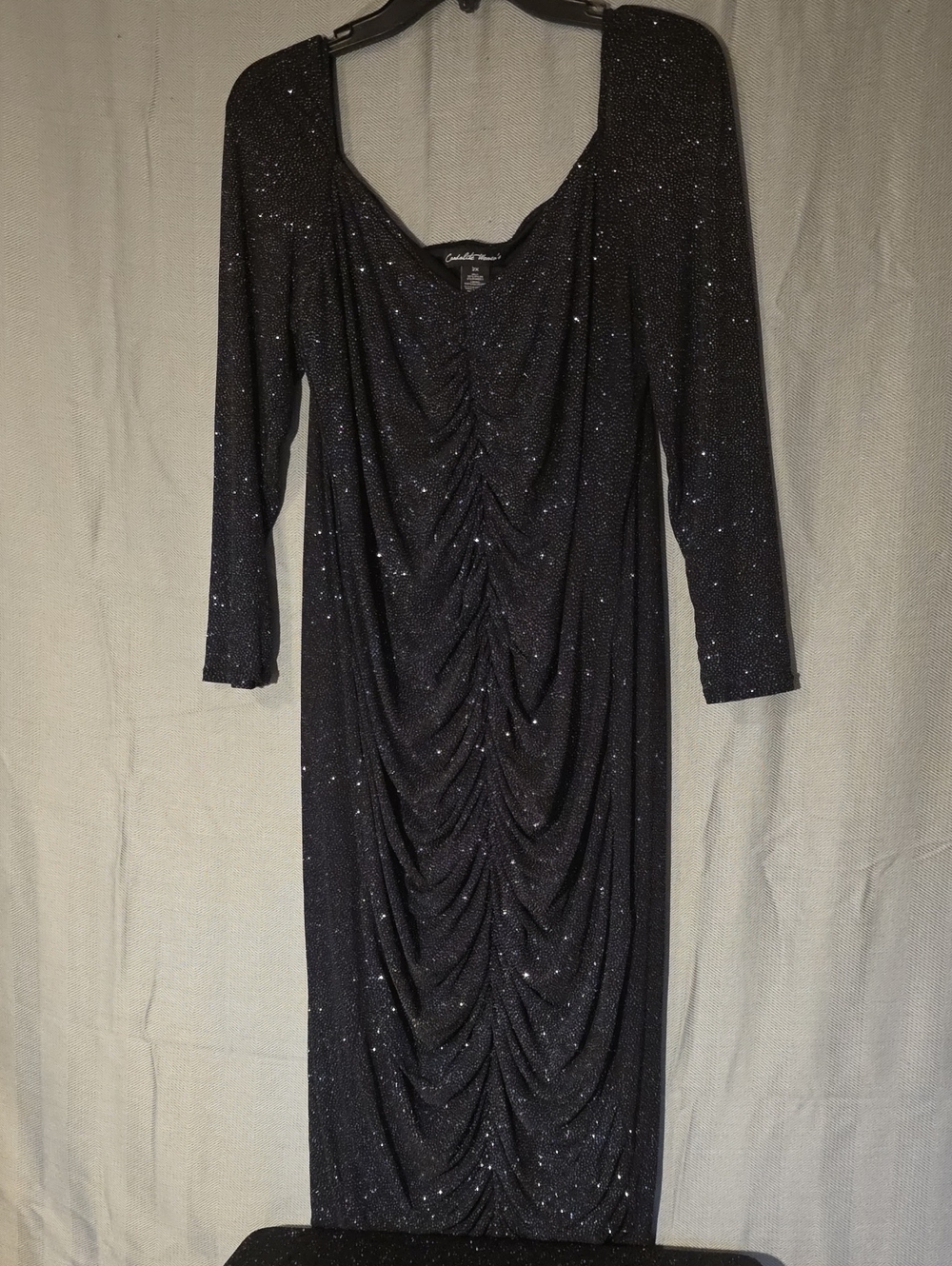 Glitter Ruched Black Long-Sleeve Dress